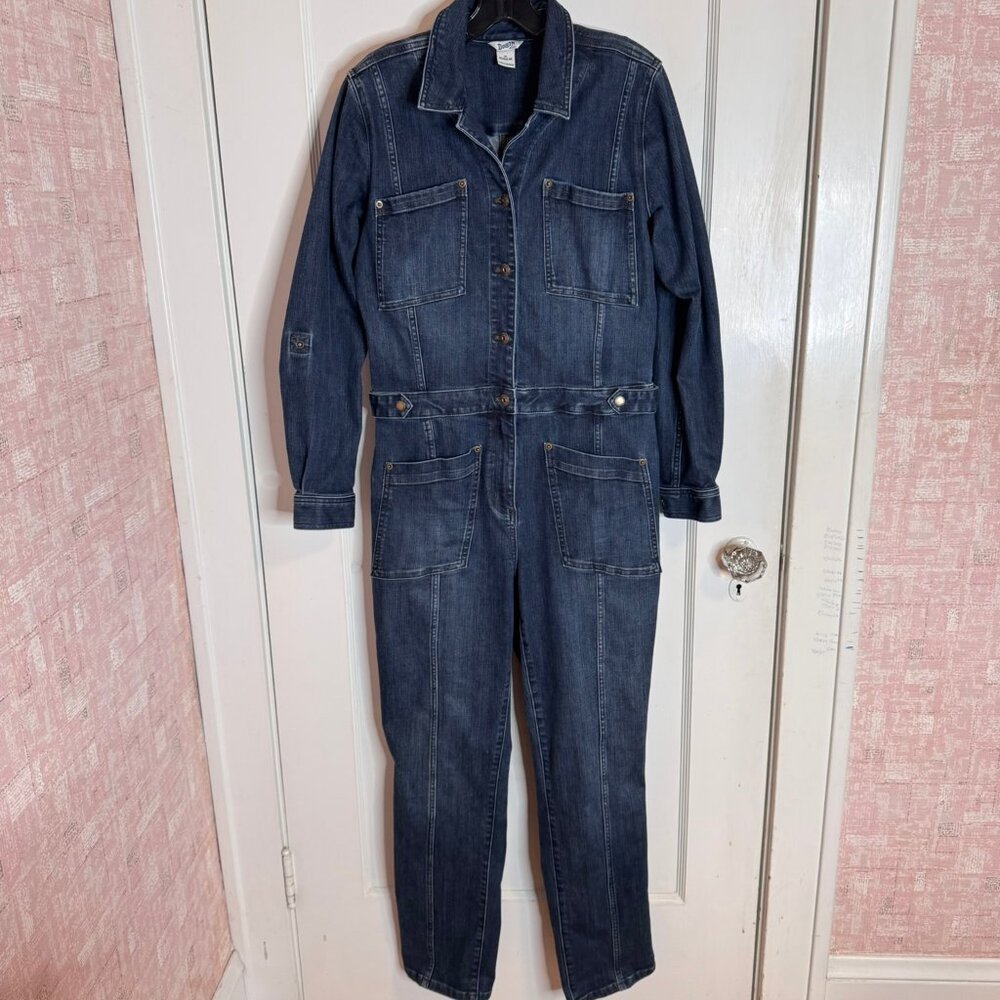 Duluth Trading Co Dark Wash Blue Denim Women's Work Long Sleeve Jumpsuit sz 10R